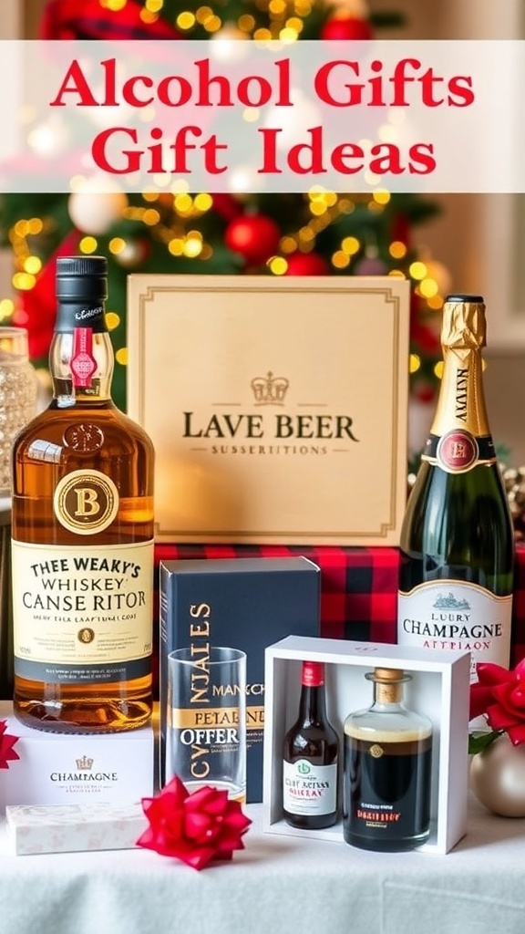 Unique Alcohol Gift Ideas for Christmas A selection of unique alcohol gift ideas for Christmas, featuring whiskey, craft beer, and champagne.